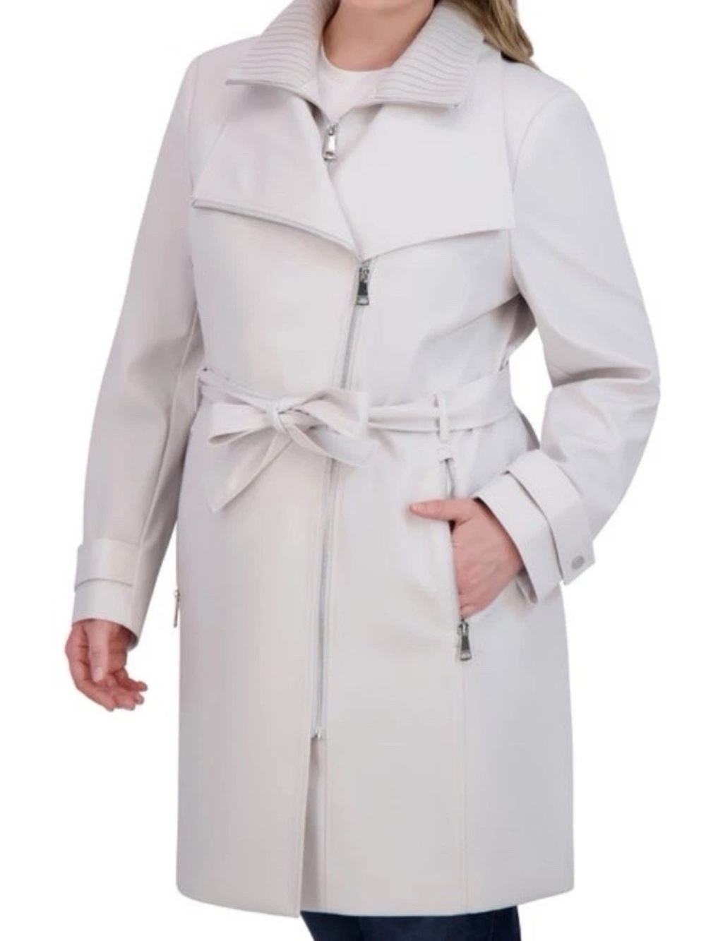 Halston Gray Belted Trench Coat with Asymmetrical Zip